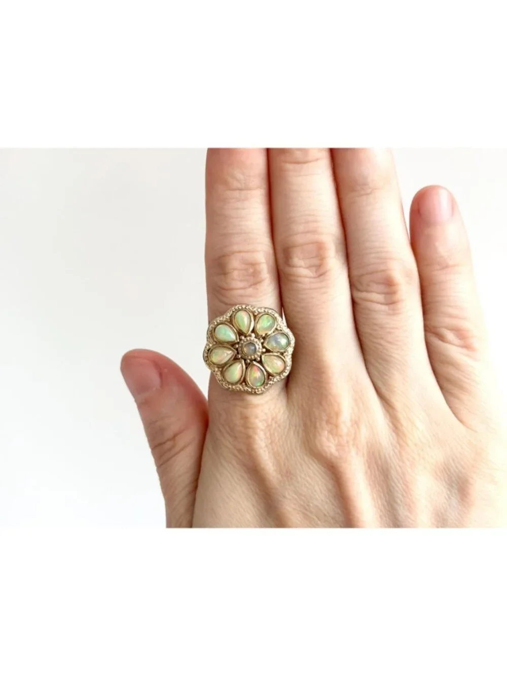Teardrop Yellow Opal Scalloped Floral Sterling Silver 925 Vintage Ring - sz 8